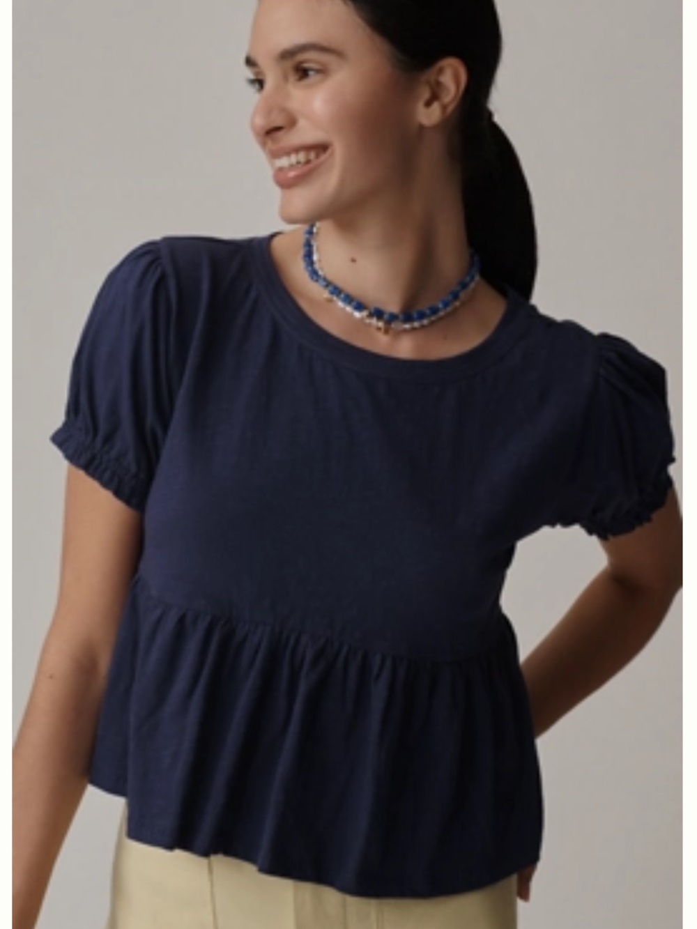 By Anthropologie Swingy Puff-Sleeve Tee Eclipse Navy Cropped Top Size S
